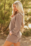 Brown Checkerboard Long Sleeve Pullover and Shorts Set