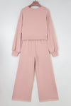 Light Pink Drop Shoulder Puff Sleeve Crop Pullover Drawstring Wide Leg Pants Set