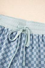 Sky Blue Checkerboard Long Sleeve Pullover and Shorts Set
