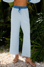 Sky Blue Stripe Collared Pullover Top and Drawstring Pant Set