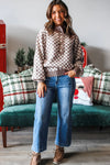 Dark Brown Half Button Ribbed Trim Checkerboard Knit Sweater