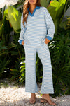 Sky Blue Stripe Collared Pullover Top and Drawstring Pant Set