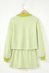 Green Stripe Collared V Neck Drop Shoulder Pullover and Skort 2pcs Outfit