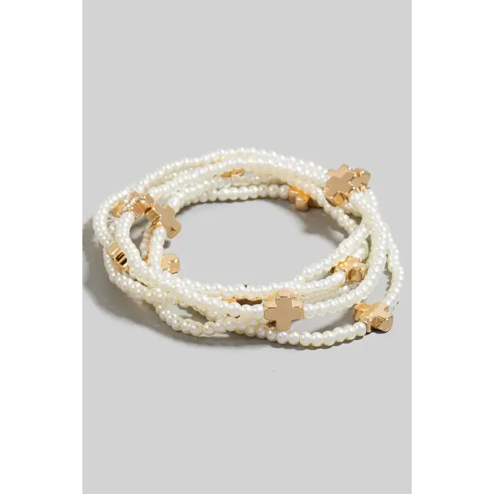 Metallic Cross Charms Pearl Beaded Bracelet Set