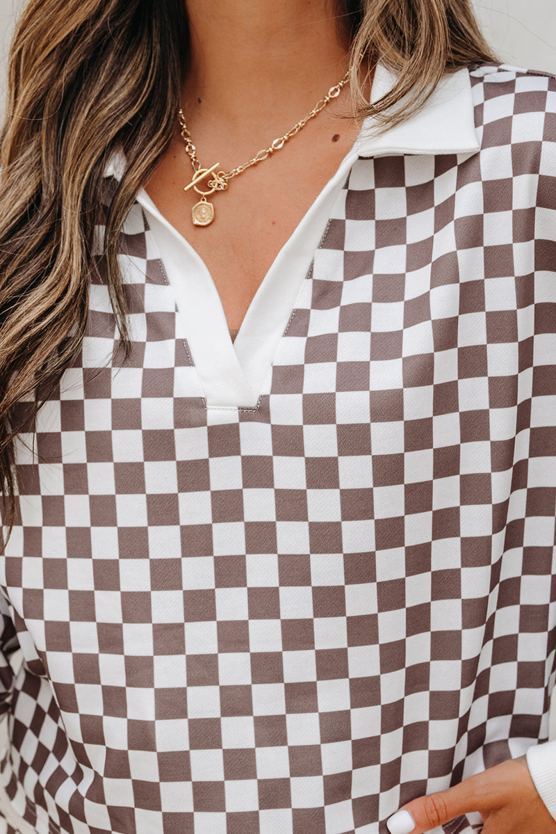 Khaki Checkered Print Polo Collar Cropped Long Sleeve Top Drawstring Mini Skirt Set