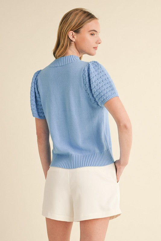 Knit Puffed Sleeves Knit Top With Crochet