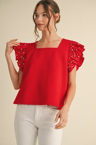 Embossing Pearl Flutter Sleeves Top