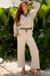 Khaki Stripe Collared Pullover Top and Drawstring Pant Set