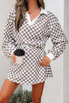 Khaki Checkered Print Polo Collar Cropped Long Sleeve Top Drawstring Mini Skirt Set