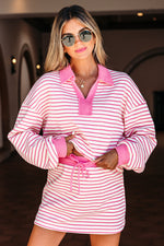 Pink Stripe Collared V Neck Drop Shoulder Pullover and Skort 2pcs Outfit