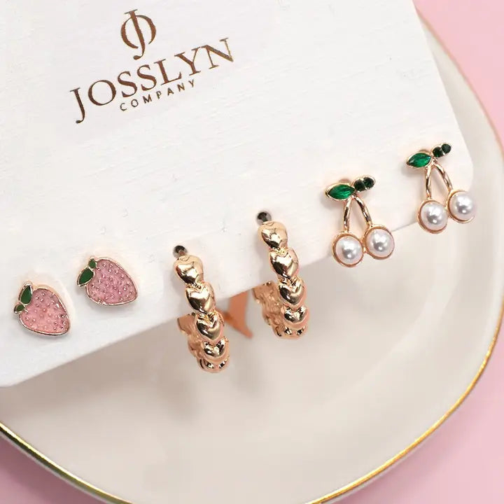 Cherry Strawberry Stud Hoop Set Earrings