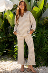 Khaki Stripe Collared Pullover Top and Drawstring Pant Set