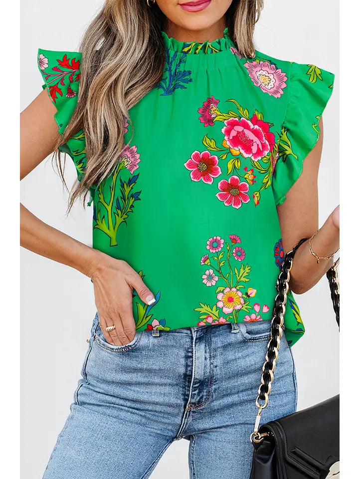 Chic Floral Print Frilly Mock Neck