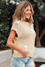 Parchment Bowknot Applique Cap Sleeve Sweater