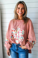 Peach Blossom Floral Applique Baggy Pullover Sweatshirt