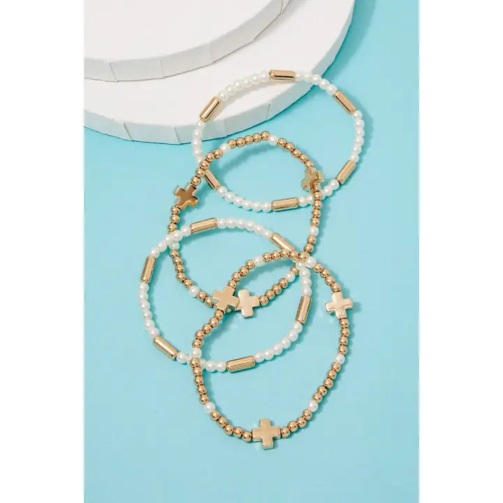Cross Charms Pearl Beaded Bracelet Set