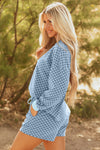 Sky Blue Checkerboard Long Sleeve Pullover and Shorts Set