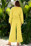 Yellow Cream Drop Shoulder Puff Sleeve Crop Pullover Drawstring Wide Leg Pants Set
