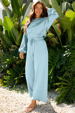 Mist Blue Drop Shoulder Puff Sleeve Crop Pullover Drawstring Wide Leg Pants Set