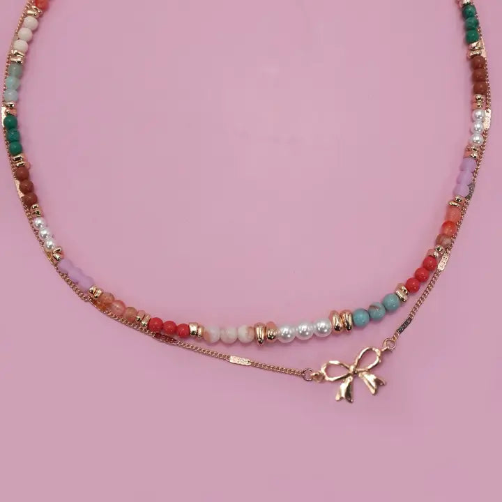 Multi Beaded Bow Charm Necklace