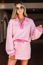 Pink Stripe Collared V Neck Drop Shoulder Pullover and Skort 2pcs Outfit