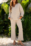 Khaki Stripe Collared Pullover Top and Drawstring Pant Set