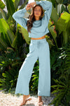Mist Blue Drop Shoulder Puff Sleeve Crop Pullover Drawstring Wide Leg Pants Set