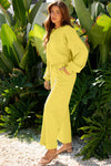 Yellow Cream Drop Shoulder Puff Sleeve Crop Pullover Drawstring Wide Leg Pants Set