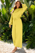 Yellow Cream Drop Shoulder Puff Sleeve Crop Pullover Drawstring Wide Leg Pants Set