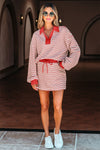 Red Stripe Collared V Neck Drop Shoulder Pullover and Skort 2pcs Outfit