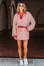 Red Stripe Collared V Neck Drop Shoulder Pullover and Skort 2pcs Outfit