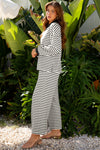 White Stripe Collared Pullover Top and Drawstring Pant Set