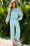 Mist Blue Drop Shoulder Puff Sleeve Crop Pullover Drawstring Wide Leg Pants Set