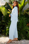 Sky Blue Stripe Collared Pullover Top and Drawstring Pant Set