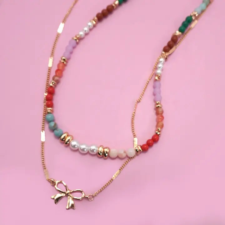Multi Beaded Bow Charm Necklace