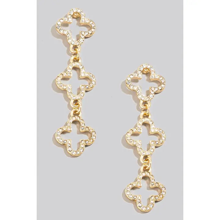 Rhinestone Pave Triple Clover Dangle Earrings