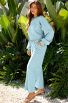 Mist Blue Drop Shoulder Puff Sleeve Crop Pullover Drawstring Wide Leg Pants Set