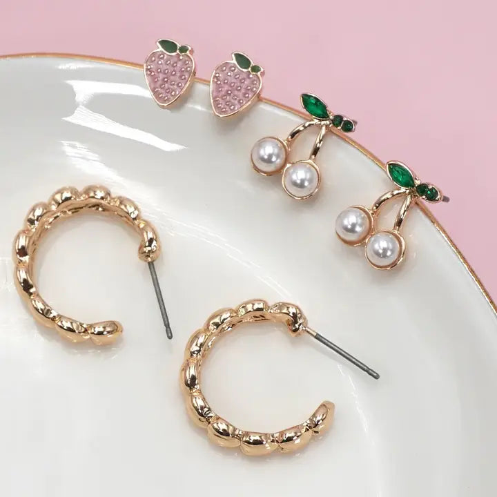 Cherry Strawberry Stud Hoop Set Earrings