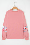 Peach Blossom Floral Applique Baggy Pullover Sweatshirt