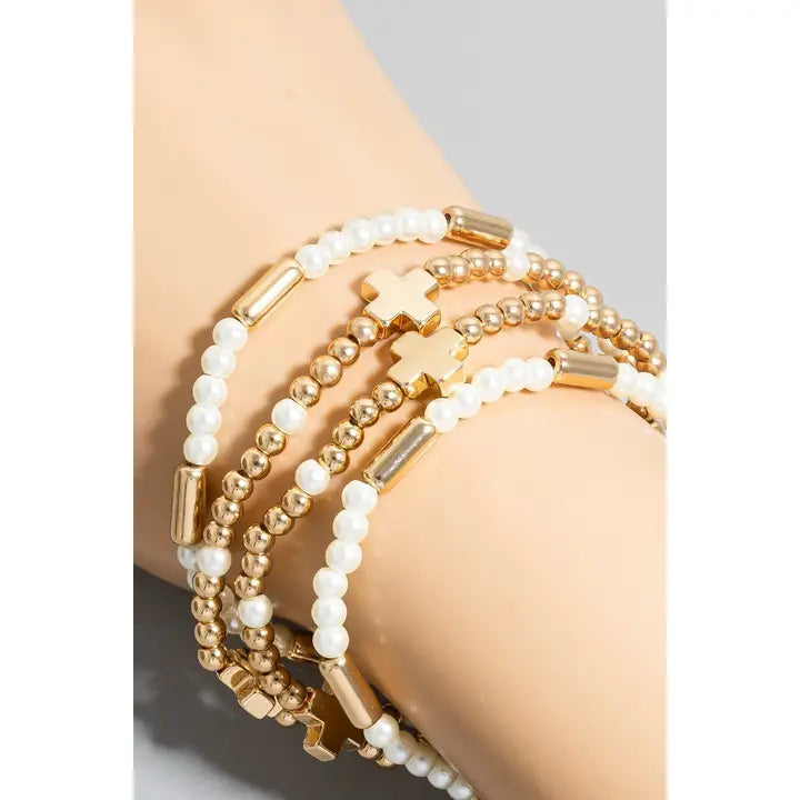 Cross Charms Pearl Beaded Bracelet Set