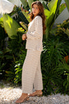Khaki Stripe Collared Pullover Top and Drawstring Pant Set