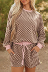 Brown Checkerboard Long Sleeve Pullover and Shorts Set