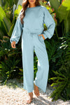 Mist Blue Drop Shoulder Puff Sleeve Crop Pullover Drawstring Wide Leg Pants Set