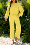Yellow Cream Drop Shoulder Puff Sleeve Crop Pullover Drawstring Wide Leg Pants Set