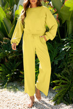 Yellow Cream Drop Shoulder Puff Sleeve Crop Pullover Drawstring Wide Leg Pants Set