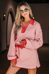 Red Stripe Collared V Neck Drop Shoulder Pullover and Skort 2pcs Outfit