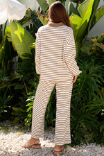 Khaki Stripe Collared Pullover Top and Drawstring Pant Set