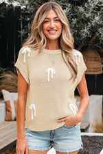 Parchment Bowknot Applique Cap Sleeve Sweater